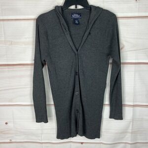 Sonoma Sweater Womens Small Gray Button Up Cardigan Hooded Rib Knit Tunic Solid